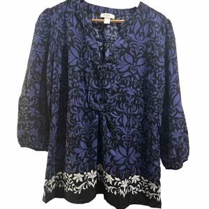Loft ann taylor Black Purple Floral Blouse Button Front Balloon Sleeves Medium